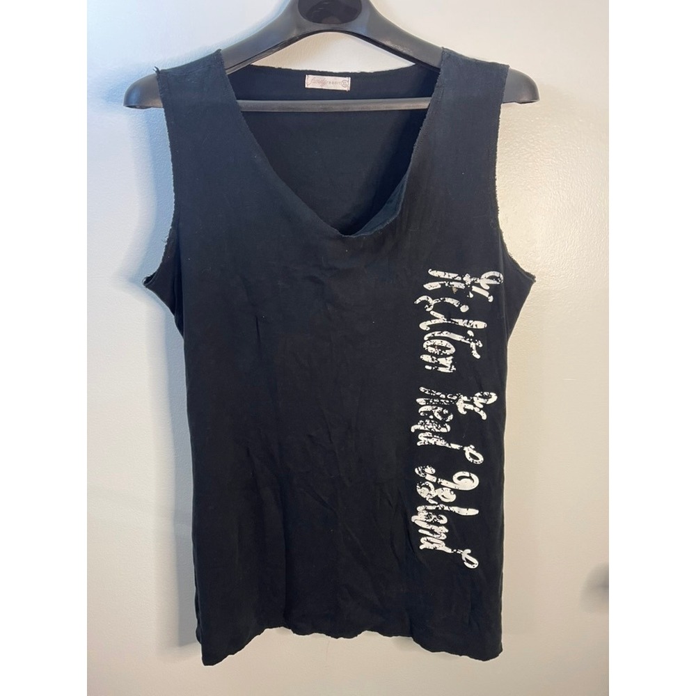 Fundy Resort Womens XL Black Cotton Graphic V-Neck Sleeveless Muscle Tank Top